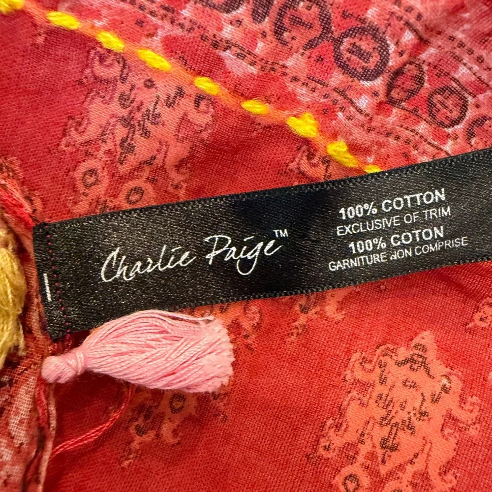 Charlie Paige Red Pink Paisley Cotton Scarf Tassel Trim Boho Square Wrap 38x38